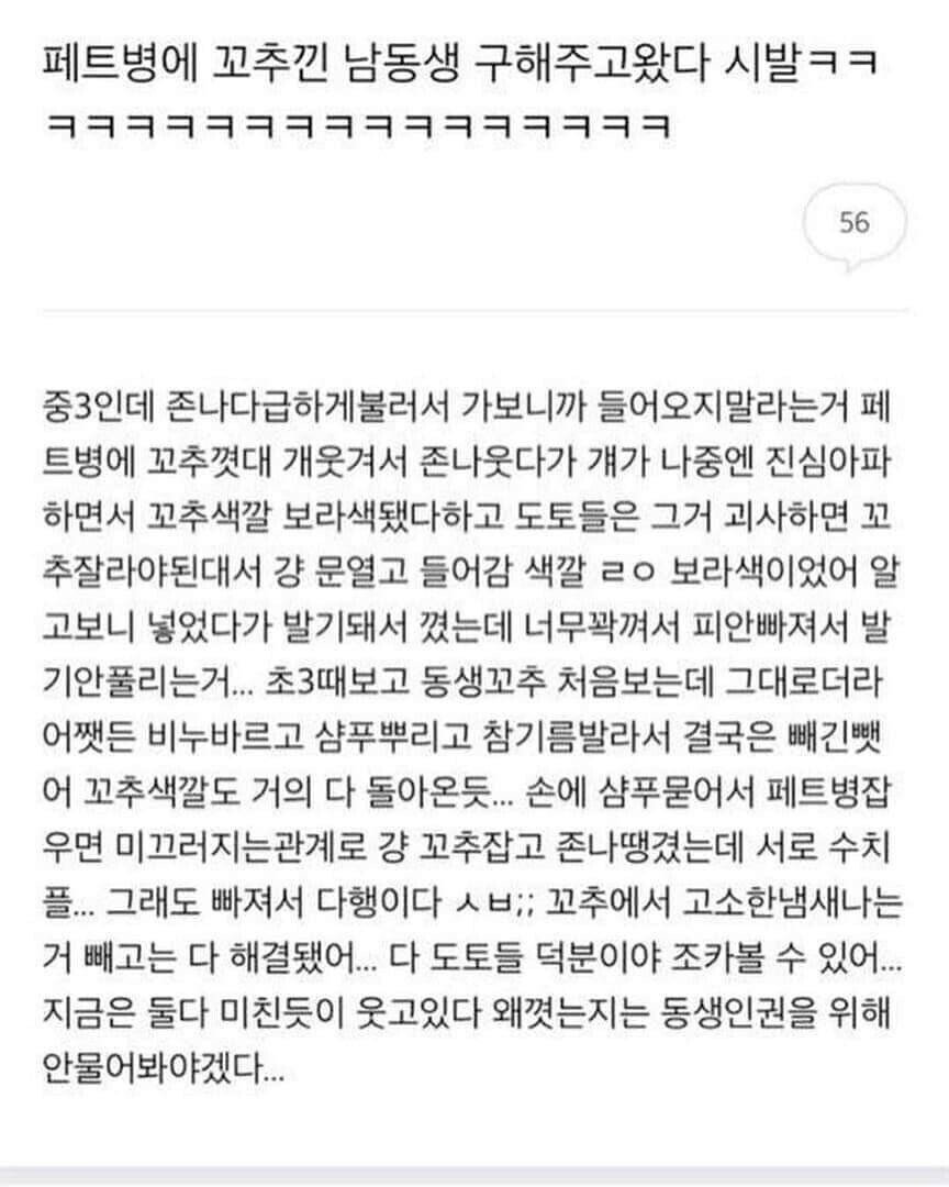 페트병에 꼬추낀 남동생을 구해준 누나
