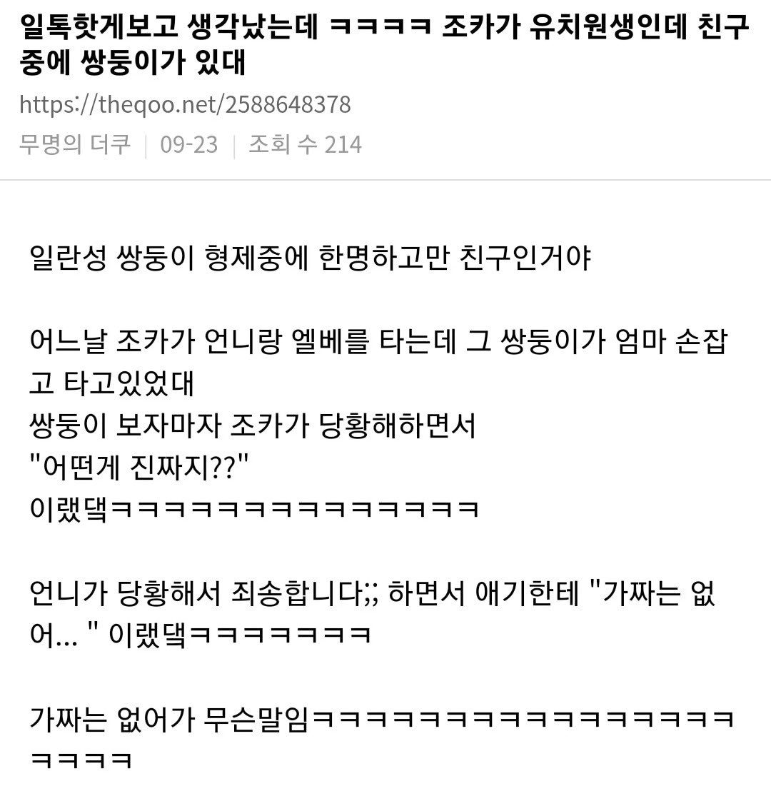 조카가 유치원생인데 친구 중에 쌍둥이가 있대