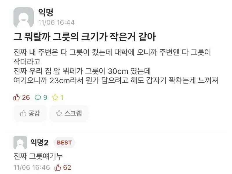 대학오니까 주변 그릇의 크기가 작은거 같아